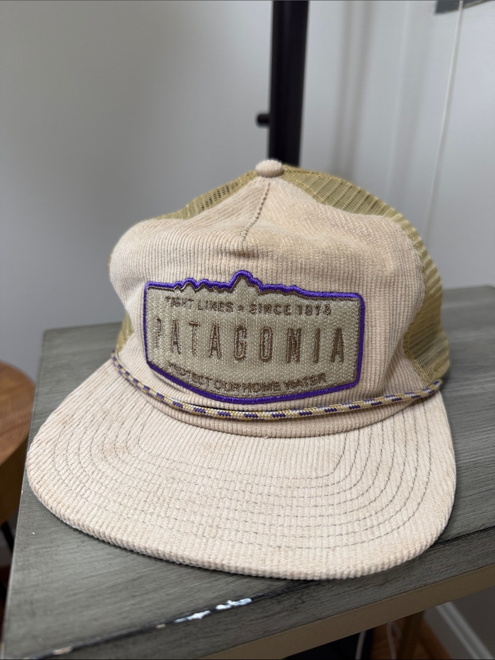 Patagonia Beige Corduroy Trucker Hat with Olive Mesh and Purple Trim